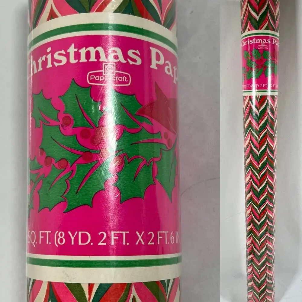 Vintage Roll Gift Wrap Christmas Paper Papercraft Pink Green Mod SEALED Wrapping